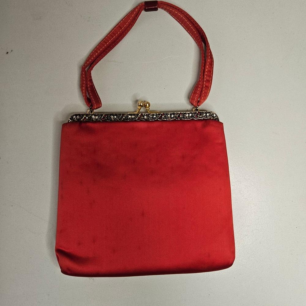 Vtg Harry Levine HL‎ Red Satin Evening Bag Jeweled Kiss Lock Clutch Coin Purse